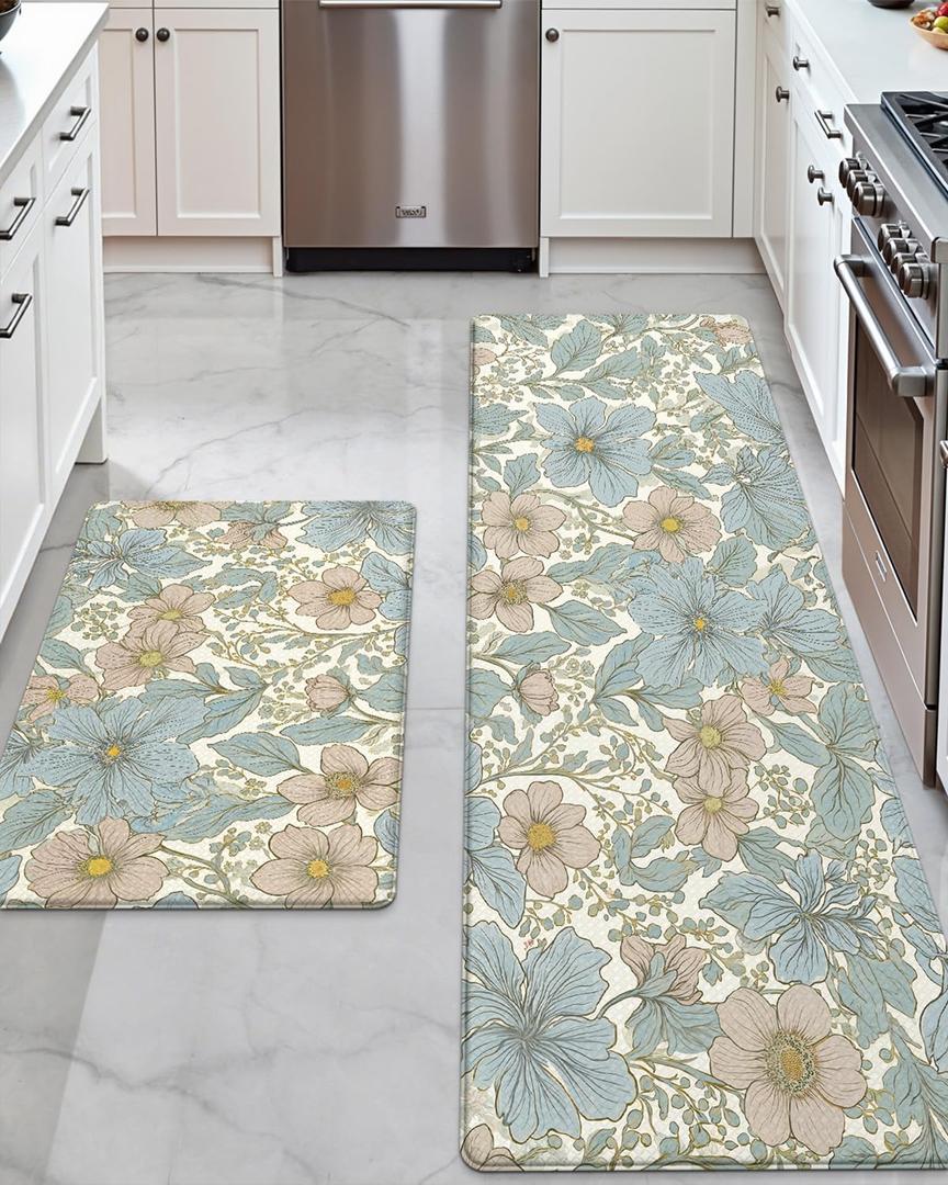 DEXI Kitchen Mats for Floor 2 Piece Set, 17x29+17x59, Cushioned Standing Mat Anti Fatigue, Waterproof Comfort Floral Padded for Laundry Room Office, Blue