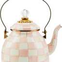 MACKENZIE-CHILDS Enamel Tea Kettle, Stylish Tea Kettle for Stovetop, Pink-and-White Rosy Check, 2 Quarts