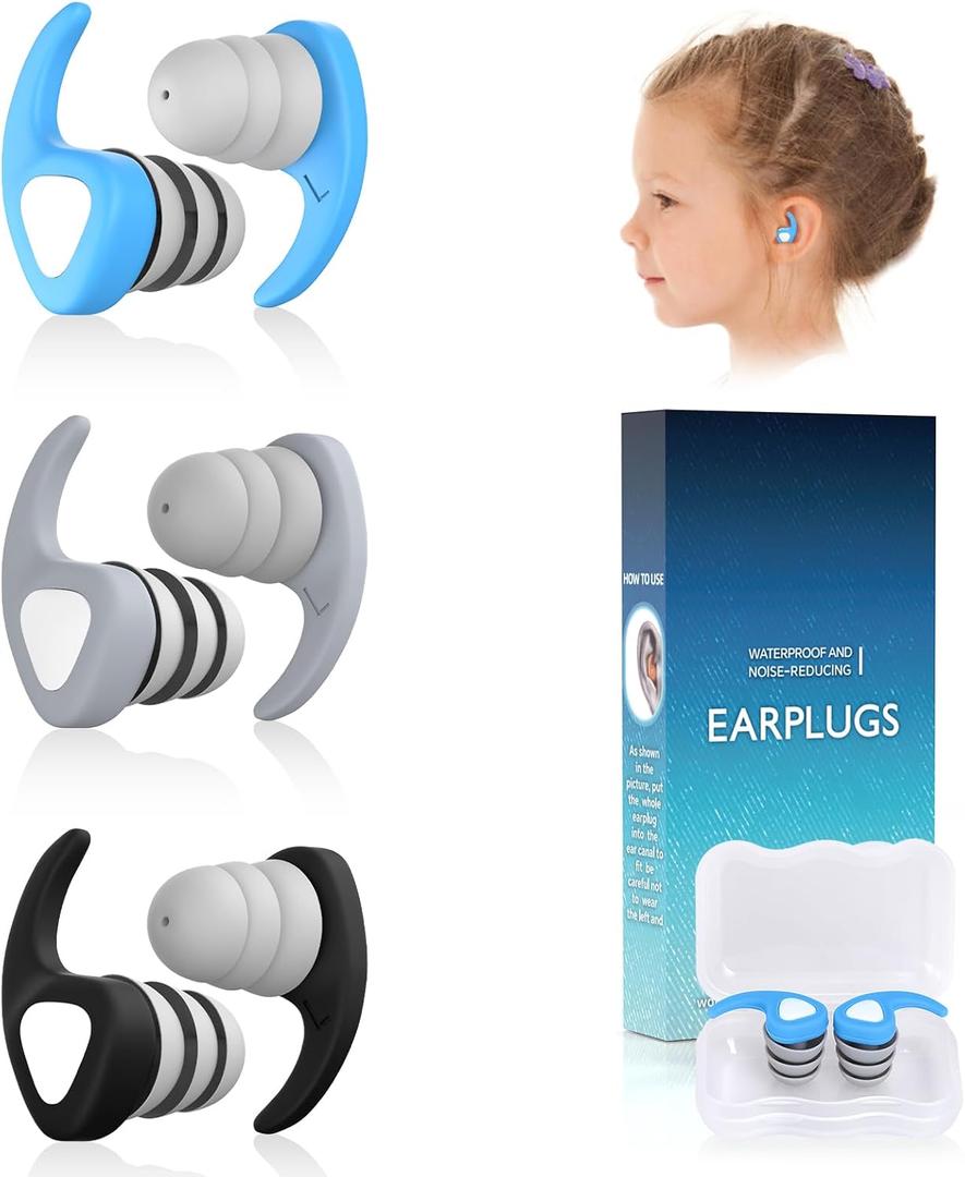 Kids Swimming Ear Plugs, 3 Pairs Waterproof Reusable Silicone Swim Ear Plugs for Pool Bath Showering & Water Sports, Fits Children Ages 3-10 (Kids-blue Grey Black)