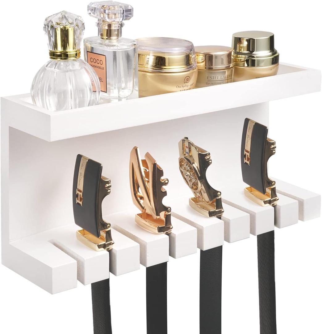 Belt Storage Organizer With Double Shelving Platform, Wall Mount Hanger Rack for Closet, Universal Holder for Men and Women, White (Size4)