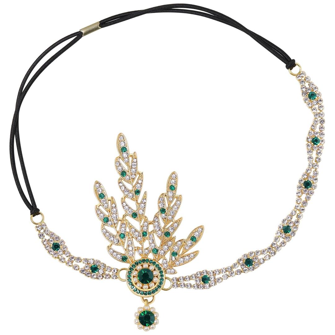 BABEYOND Art Deco 1920's Flapper Great Gatsby Inspired Leaf Medallion Pearl Headpiece Headband (Green)