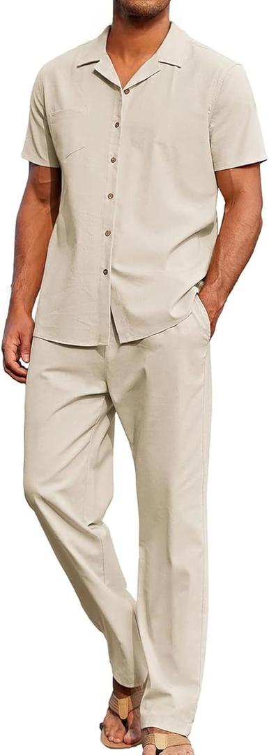 Men's 2 Piece Outfits Casual Beach Short Sleeve Button Down Shirts Loose Pant Sets Summer Vacation Walking Outfits (XX-Large, Khaki)