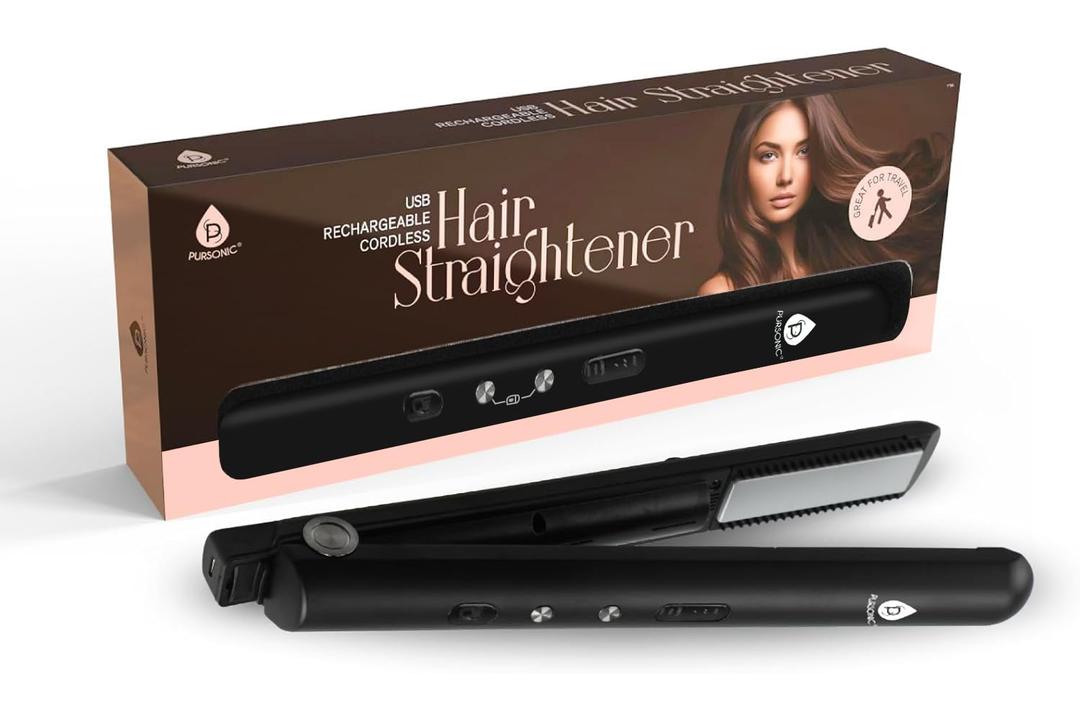 Pursonic USB Rechargeable Cordless Hair Straightener with 2 * 4500mah Batteries - Portable Hair Straightener with 3 Temp Level, LED Indicators & Ceramic Coated Flat Iron (Black)