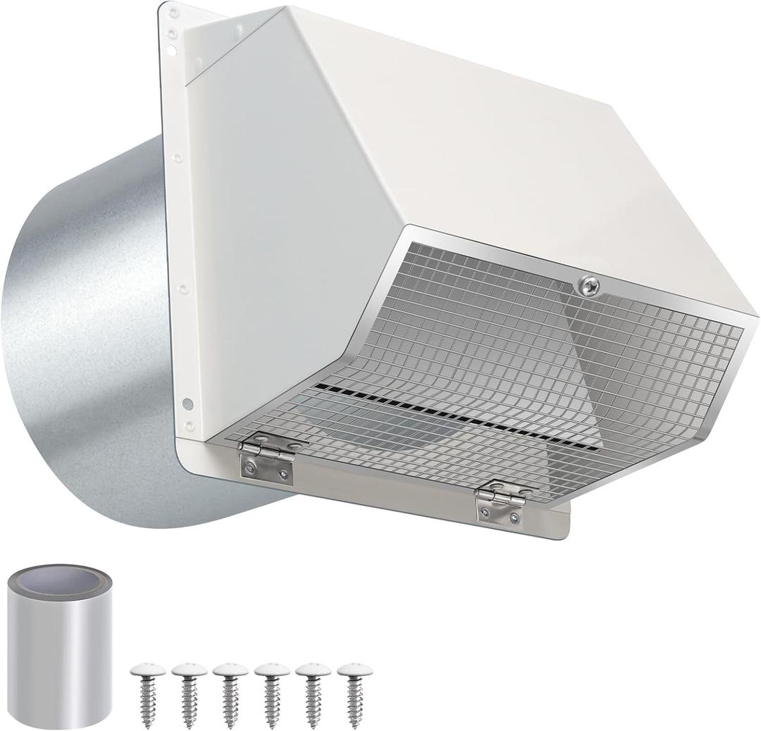 8 Inch Hooded Wall Vent with Screen and Damper, Outdoor Wall Exhaust Vent Cover Wall Cap for Exterior Kitchen Range Hood Ventilation Dryer HVAC Duct Air Exhaust, Galvanized Steel, White
