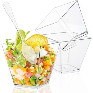 50 Pack 3.5 Oz Mini Square Dessert Cups with Spoons,Plastic Parfait Appetizer Cup,Disposable Plastic Cups for Puddings Mousse Desserts