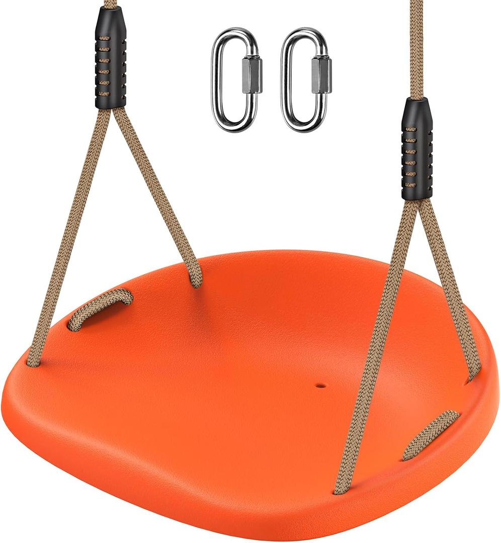 SELEWARE Plastic Swing Seat, Non Slip Tree Swing Replacement with Adjustable Rope and 2 Carabiners, Heavy Duty Playground Swing Set Accessories for Adult Kid Indoor Outdoor Backyard, Orange