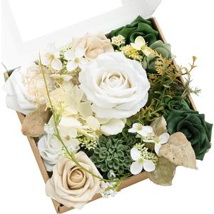 Ling's Moment Green Flowers Artificial, Emerald Green & Beige Flowers and Greenery Mini Combo Box Set for DIY Wedding Bridal Bouquet, Centerpieces, Home Decor, Floral Arrangement Decor