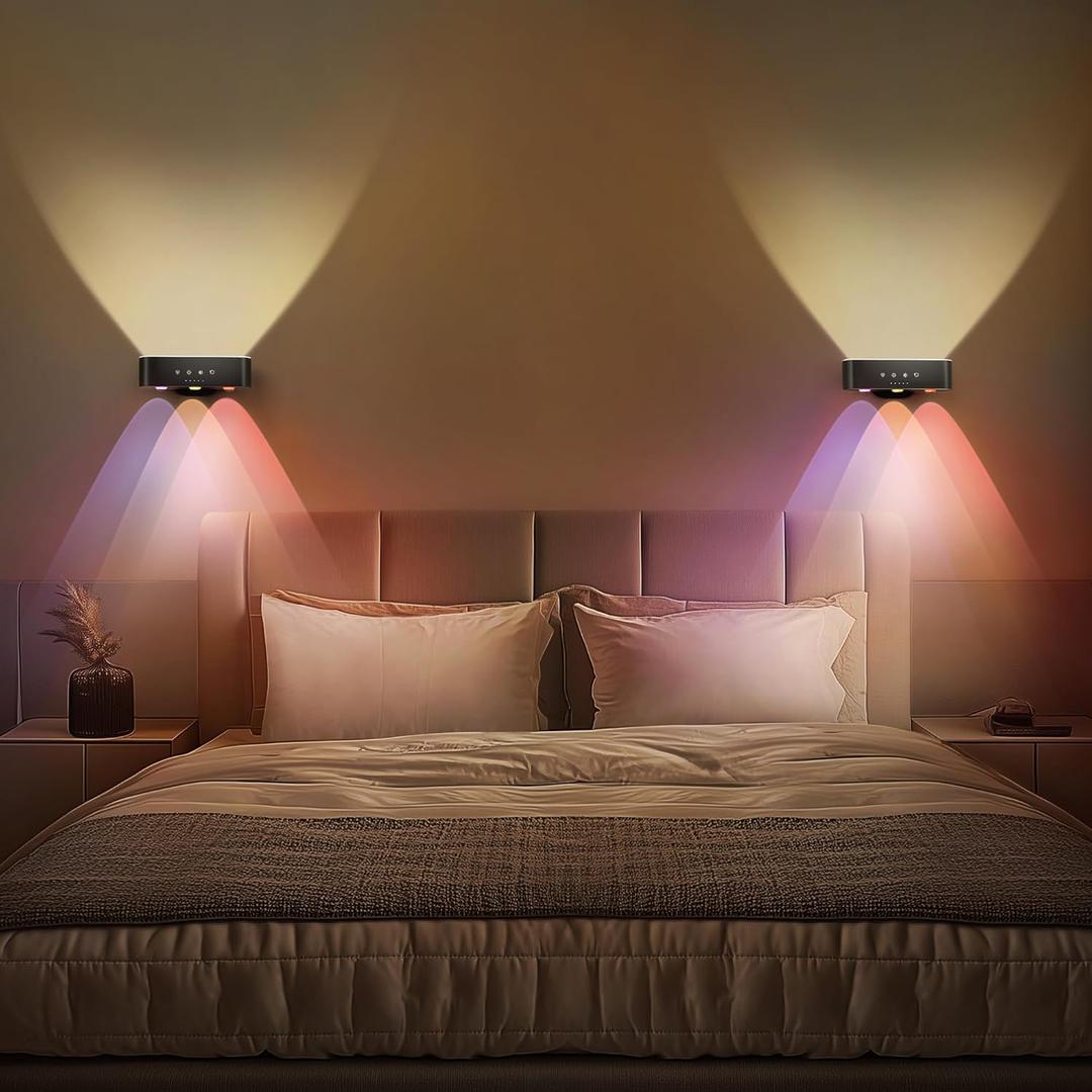 Wall Sconces Battery Operated Set of 2, 360 Rotate Magnetic Rechargeable Wall Mounted Lamp with 3 Color Temperatures & 9 RGB Modes, Wireless Wall Lights for Bedroom, Picture, Living Room (A01-Black+Black)