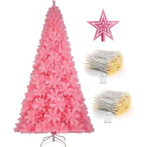 KTKDE 6ft Artificial Pink Christmas Tree, Xmas Tree with 1005 Branch Tips and Decorations(Pink Top Star, 2set 200 Tips Battery Boxes Powered) Metal Stand, Suitable for Home Office Store Bar