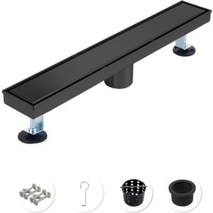 18 Inch Matte Black Linear Shower Drain, CUPC Certified 2-in-1 Tile Insert Cover, 304 Stainless Steel Trench Drain for Curbless Showers, Includes Hair Catcher & Adjustable Feet