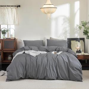 FOSSA Duvet Cover Set 100% Washed Cotton Linen Feel Super Soft Breathable Cozy 3 Pieces Bedding Sets Solid Dark Grey King (King (104"  90"))