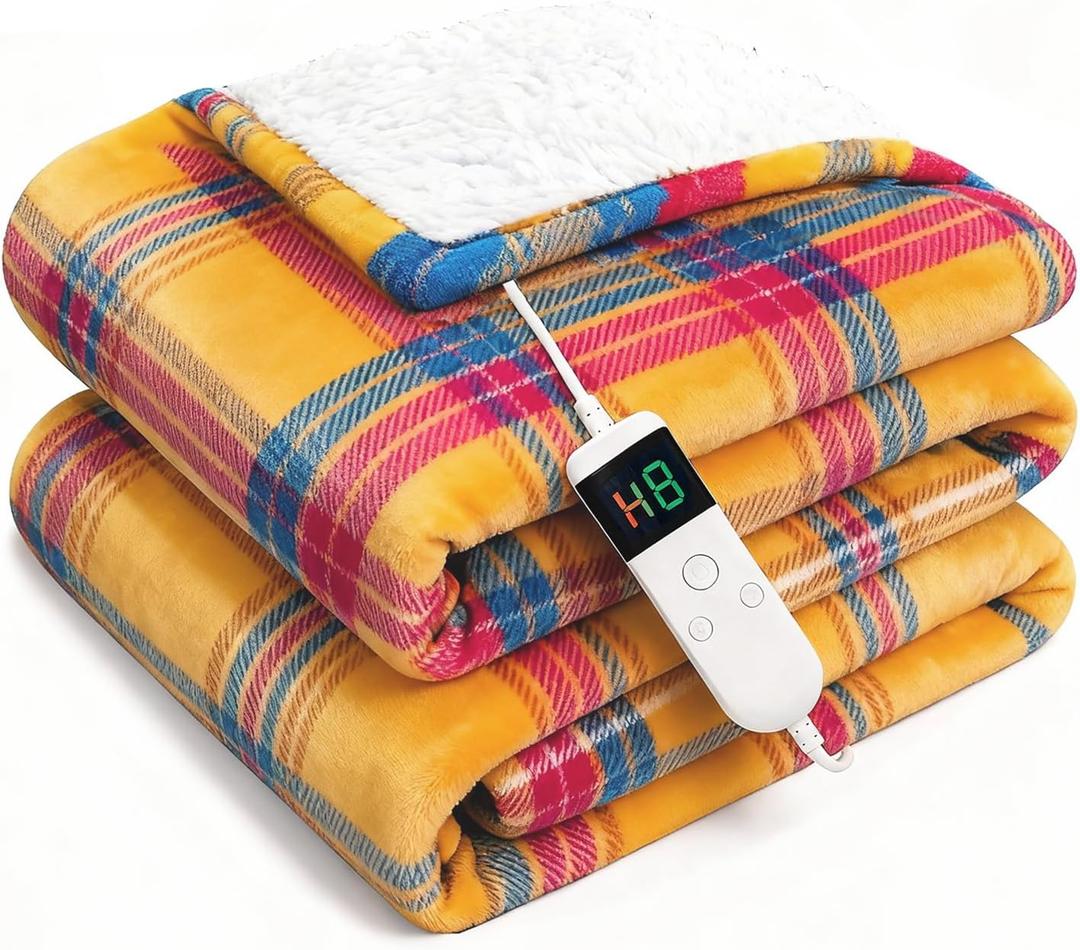 Electric Blanket Heated Throw, Soft Flannel 50"x60" Plaid Heating Blanket with 8 Hours Auto Off 10 Fast Heating Levels Machine Washable Sherpa Heated Blanket with Overheating Protection (Beige)