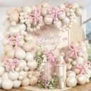 Pearl White Balloon Garland Arch Kit 132 Pcs Bow Coquette Sand White Ivory Party Balloons with Pastel Pink Long Latex Balloon for Girls Princess Wedding Baby Shower Bridal Birthday Party Decor