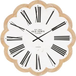 Deco 79 Wood Decorative Wall Clock Floral Shaped Wall Clock for Home with Brown Scalloped Frame, Wall Clock for Room 33" x 1" x 33", White