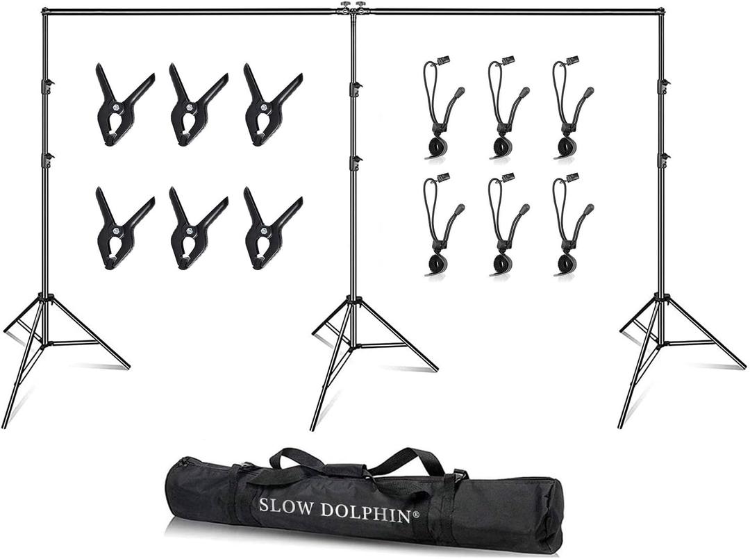 SLOW DOLPHIN Photo Video Studio 20ft (Wide) x 10ft (Tall) Heavy Duty Adjustable Width & Length Photography Backdrop Stand Background Support System Kit with Spring Clamps, Backdrop Clips, Carry Bag