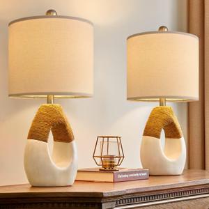 OYEARS 19'' Small Boho Table Lamps for Bedroom Set of 2, Farmhouse Rattan Bedroom Lamps for Living Room Rustic Home Decor, Nightstand Bedside Lamps for Sofa Table Entry Way, Suitable for Small Places (Beige and White)
