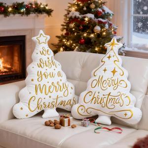 Lanpn Christmas Tree Pillows Set of 2, Merry Christmas Decoration Winter Throw Pillows Soft Cute 3D Shaped Xmas Tree Throw Cushion for Sofa Living Room Bedroom Xmas Decor (16x21 inch, White)