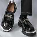 Men's Patent Leather Metal Decoration Chunky Platform Penny Loafers Luxury Round Toe Slip-On Lug Sole Dress Shoes Daily Non-Slip Shock Absorbing Outdoor Work Shoe (Size 11, White)