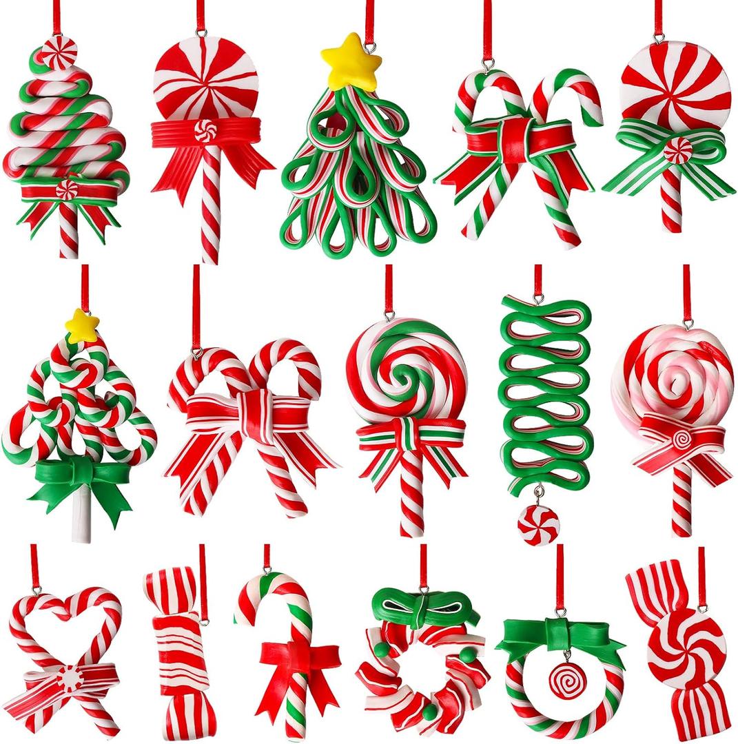 AWHETIE 16 PCS Candy Cane Ornaments for Christmas Tree, Polymer Clay Candy Cane Christmas Decorations, Lollipop Ornaments for Xmas Tree Party Hanging Decor Holiday Decorations