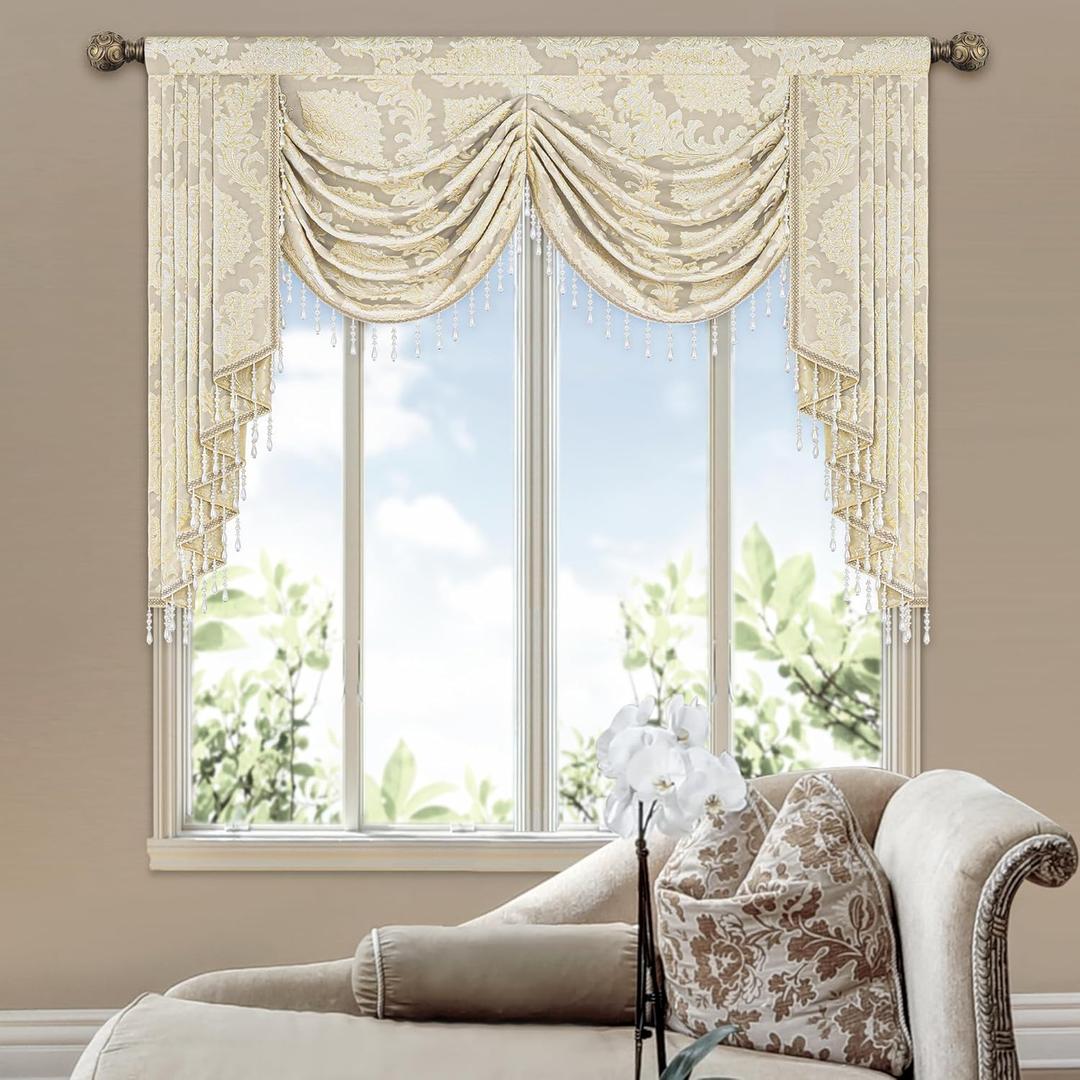 Loom and Mill Luxury Jacquard Waterfall Valance for Living Room, Elegant Damask Swag Window Valances with Beads, Beige Swag Curtains for Bedroom Banquet Holiday Decoration(W59Inch,1 Panel)