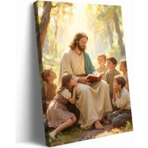 Jesus With Children Canvas Wall Art Vibrant Christian Kids Room Wall Decor Pictures Religious Jesus Teaching Children poster Print for Bedroom Church Sunday School Ready to Hang