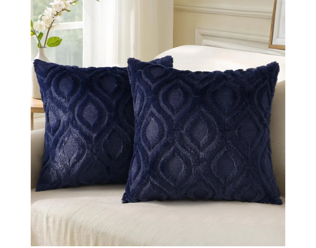 decorUhome Fall Throw Pillow Covers 18x18 Inch Set of 2, Soft Plush Decorative Faux Fur Navy Blue Solid Couch Pillow Covers, Accent Farmhouse Neutral Square Euro Pillow Cases for Sofa Bed Living Room