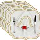 Cotton Linen Placemats Set of 4 - Double Layered, Machine Washable, Wrinkle Resistance, Scalloped & Embroidered Cloth Table Mats - Wedding, Spring mat, Giftable, 19 x 17 inch, Ivory Gold