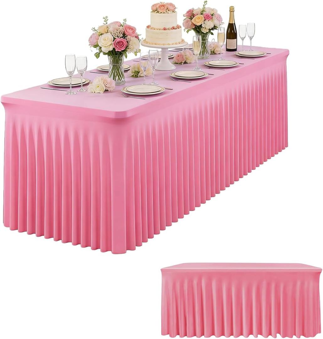 Pink Spandex Table Skirt for Rectangle Tables (4ft) | 1-Pack Stretch Pleated Tablecloth for 48" L x 24" W x 30" H Rectangular Tables | Suitable for Banquets, Trade Shows, Birthday