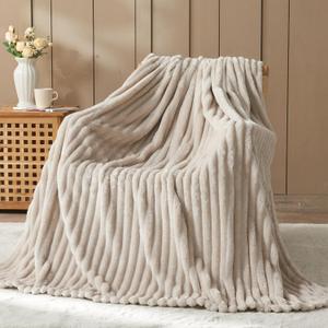 NEWCOSPLAY Super Soft Throw Blanket Linen Premium Silky Flannel Fleece 3D Ribbed Jacquard Lightweight Bed Blanket All Season Use (Linen Ribbed, Throw,(50"x60")