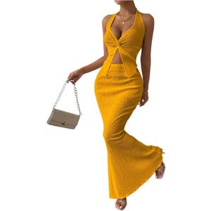 SOLY HUX Women's Two Piece Outfits Twist Front Halter Cami Tops and Skirt Summer Set Solid Gold Large SOLY HUX Women's Two Piece Outfits Twist Front Halter Cami Tops and Skirt Summer Set Solid Gold Large