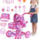 BABESIDE Baby Doll Stroller Set, 10-Piece Portable Doll Stroller with Baby Doll Accessories for Pretend Play, Feeding & Care Playset for Girls 3+, Fits 12-Inch Dolls (Doll Not Included)