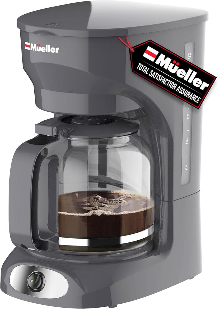 Mueller 12-Cup Drip Coffee Maker - Borosilicate Carafe, Auto-Off, Reusable Filter, Anti-Drip, Keep-Warm Function, Clear Water Level Window Coffee Machine, Kitchen Essentials & Accessories (Grey)