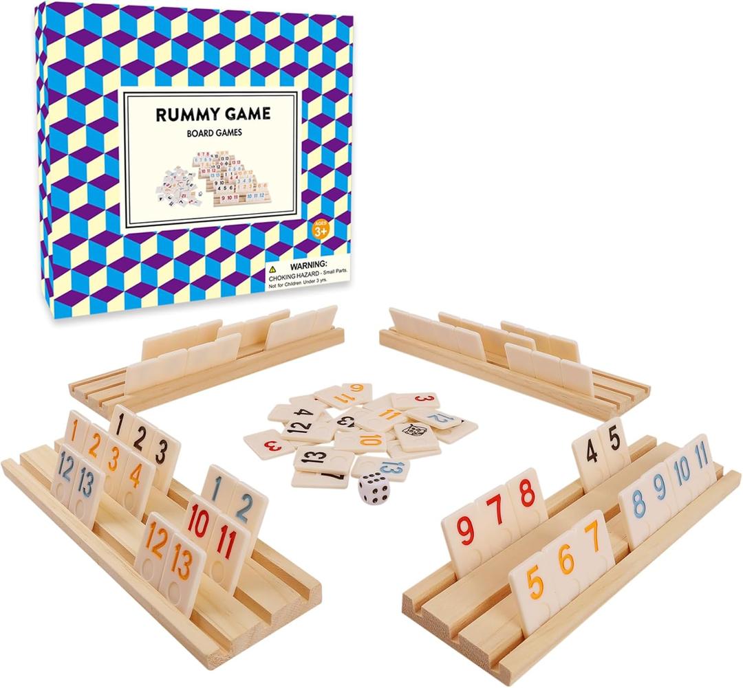 Upgraded Rummy Cube Game with 106 Large Number Rummy Tiles Set, 4 Wooden Racks & Dice - Family Board Games for Adults & Kids, Travel Size Rummy Games for 2-4 Players, Funny Night Game