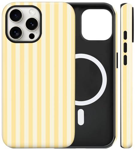 flewfun Magnetic for iPhone 16 Pro Case Cute Stripes Phone Case, Shockproof Slim TPU and Hard PC Protective Phone Cover Compatible with MagSafe Designed for Women Girls, Yellow