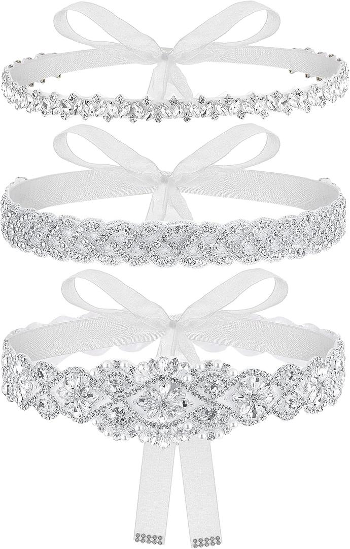 Sintege 3 Pcs Wedding Dress Belts Rhinestone Bridal Sash Belts Crystal Ribbon Sash for Women Bridal Bridesmaid (White)