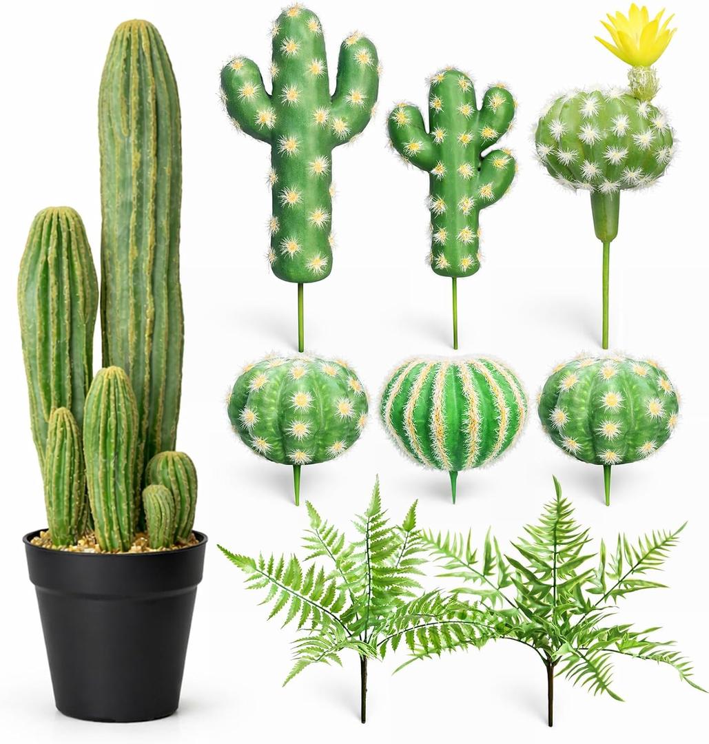 Artificial Cactus Decor Set, 9 Piece Fake Cactus Plants Indoor, 24 Inch Large Faux Potted Cactus with 6 Cactus Picks and 2 Fern Stems