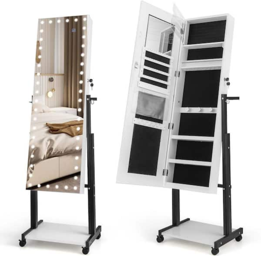 White MDF Jewelry Cabinet Armoire Mirror 3-Color 46 LED Lights, Adjustable Height, Wheels