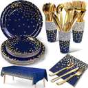 141 Pieces Navy Blue Gold Party Supplies, Disposable Party Decorations Sets Include Paper Plates Napkins Cups, Plastic Forks Knives Spoons, for Baby Shower Birthday Wedding -20 Guests