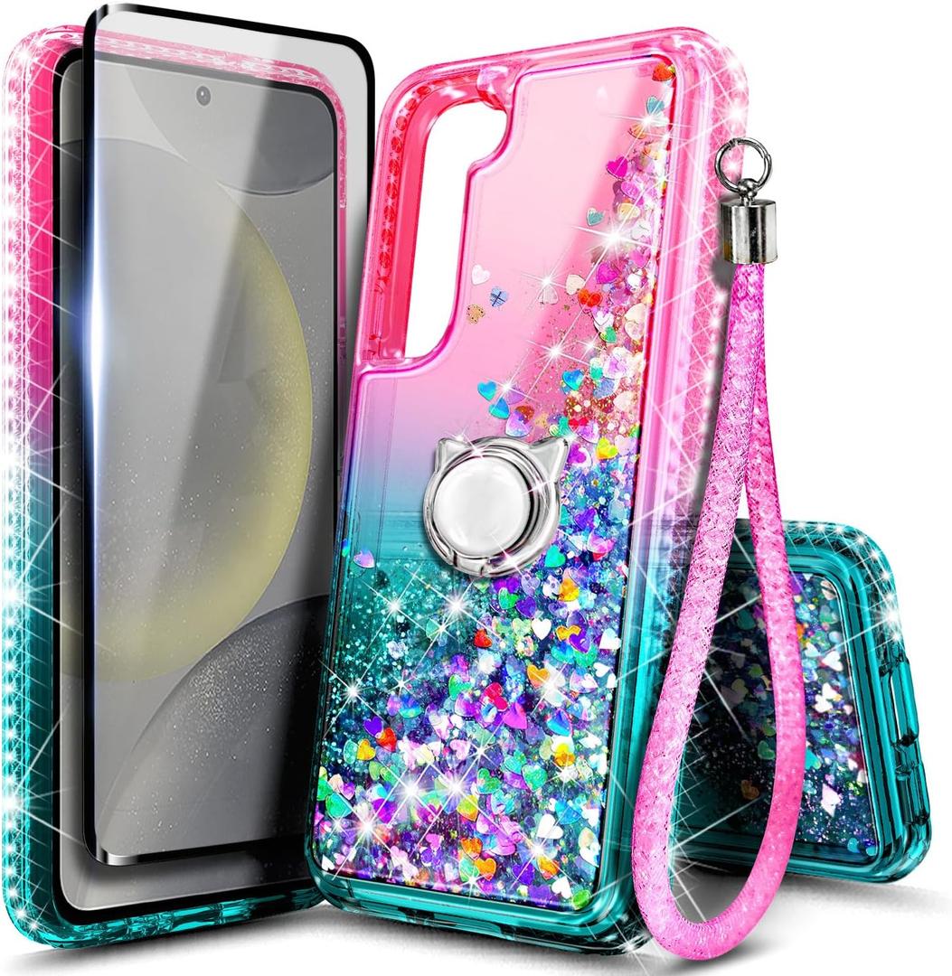 NGB Designed for Samsung Galaxy S23 Case, Pink/Aqua | Glitter Liquid Sparkle Cute Cover for Women Girls Kids | with Screen Protector & Ring Holder & Wrist Strap Lanyard