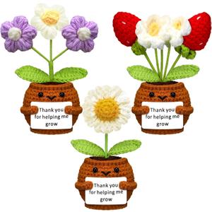 Wavwavw 3 Pack Teacher Appreciation Gift Positive Flower Handmade Crochet Doll Thank You for Helping Me Grow Gifts Back to School Gifts for Women Teacher(Strawberry, Puff and Sunflower)