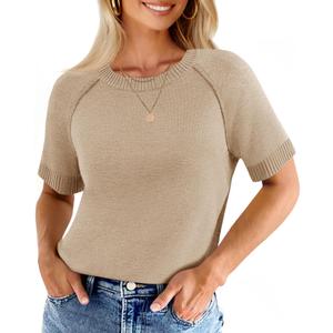 Cicy Bell Womens Short Sleeve Sweaters Crewneck Knit Tops Pullovers Shirts (Brown, L)