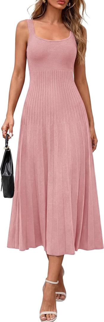 PRETTYGARDEN Spring Dresses for Women 2026 Summer Casual Sleeveless Square Neck A Line Knit Pleated Midi Cocktail Party Dress (Medium, Pink)