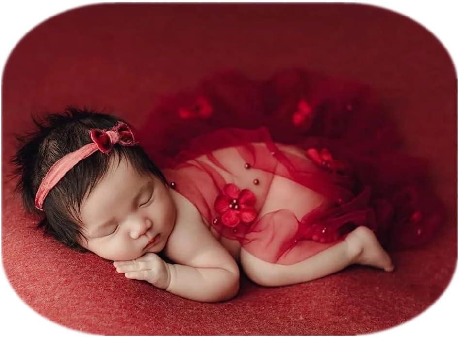 Coberllus Newborn Photography Props Boys Girls Wrap Blanket Baby Photo Shoot Floral Pearl Decorative Mesh Rug Layer Basket Filler (Red Wine)