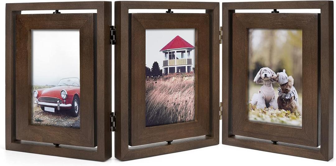 Emfogo 4x6 Picture Frame Rustic Wood Hinged Folding Triple Picture Frames Collage, Double-Sided Display Rotatable High Definition Glass Photo Frame for Home TableTop(Walnut)