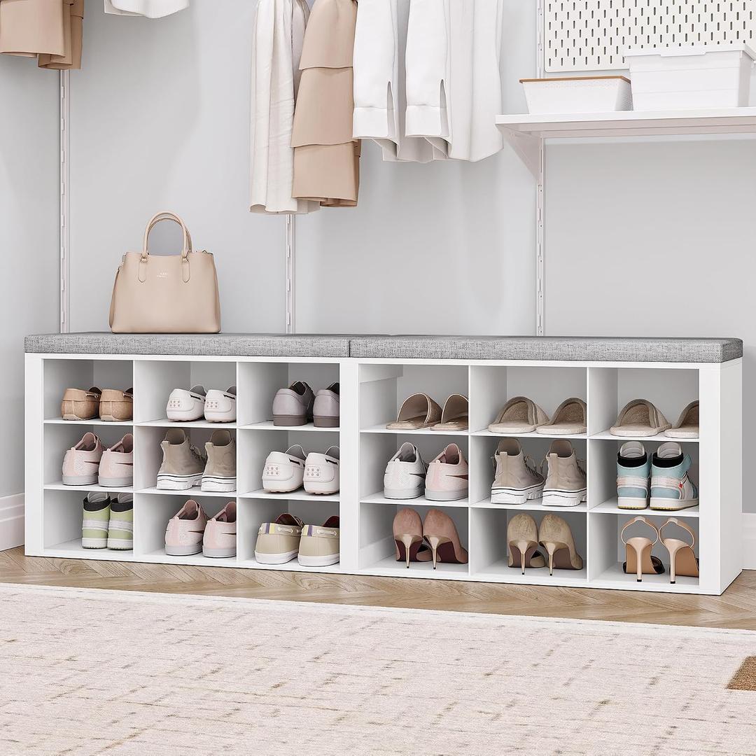Hzuaneri Shoe Storage Bench with Cushion, Storage Bench with 18 Cubbies
9.5" Widened Organizer Cabinet, large Cubby Shoe Rack for Living Room, Bedroom, Entryway, Mudroom, White SB25703GY