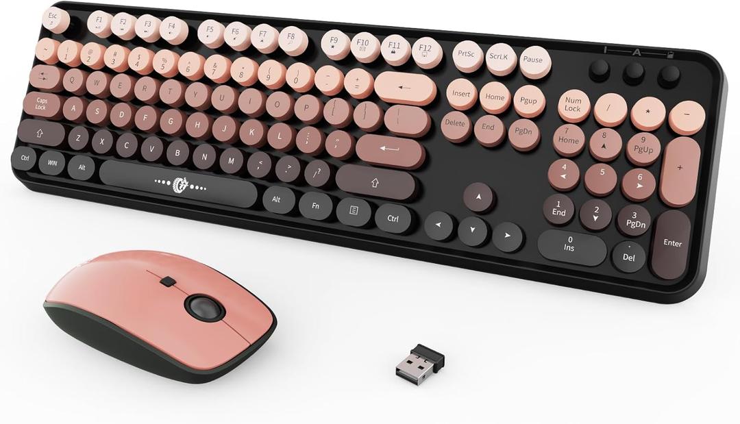 Wireless Keyboard and Mouse Combo, 104 Round Keys Cute Colorful Keyboard and Mouse with Retro Typewriter for PC/ Mac/ Laptop/ Tablet/ Computer/ Windows Black