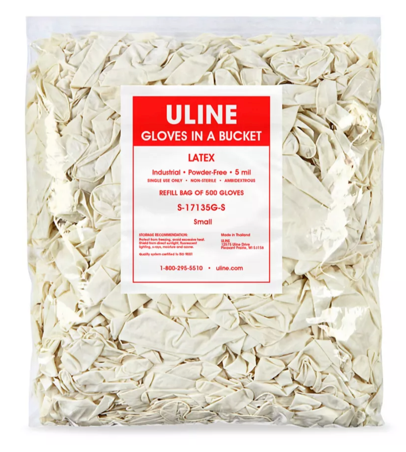 Uline Industrial Latex Gloves in a Bucket Refill Bag - Powder-Free, Small