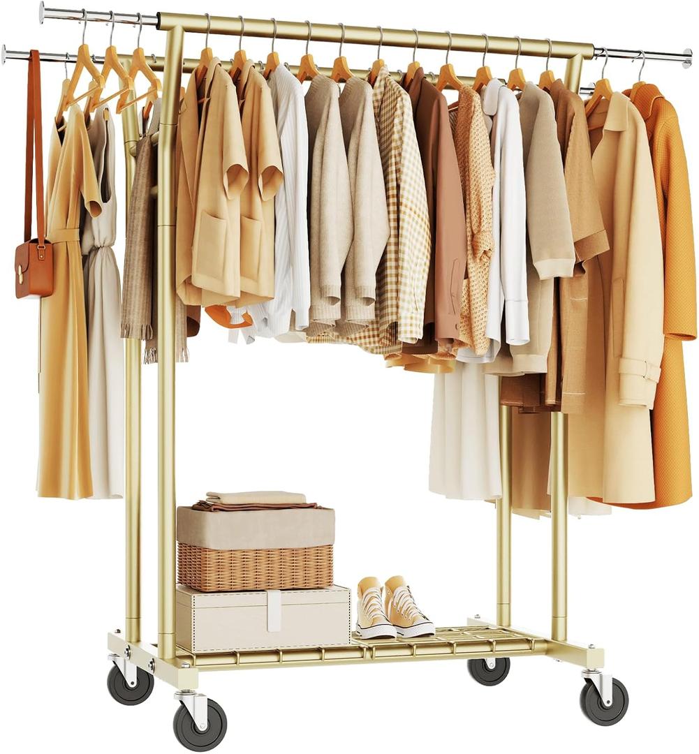 HYSEYY Heavy Duty Clothes Rack, Rolling Clothing Rack for Hanging Clothes with Shelves Load 700LBS,Portable Garment Wardrobe Closet Rack with Wheels for Bedroom,Laundry Room,Retail Store(Gold)