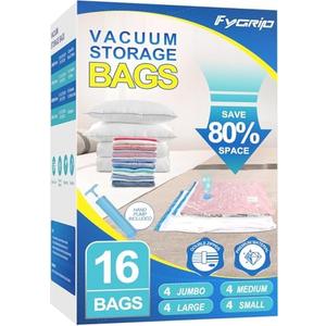 Fygrip 14 Pack Vacuum Storage Bags with Hand Pump, 4 Jumbo + 4 Large + 3 Medium + 3 Small Plastic Packaging Bags, 80% Space Saver Vacuum Seal Bags for Clothing, Travel Luggage, Blankets, Comforters