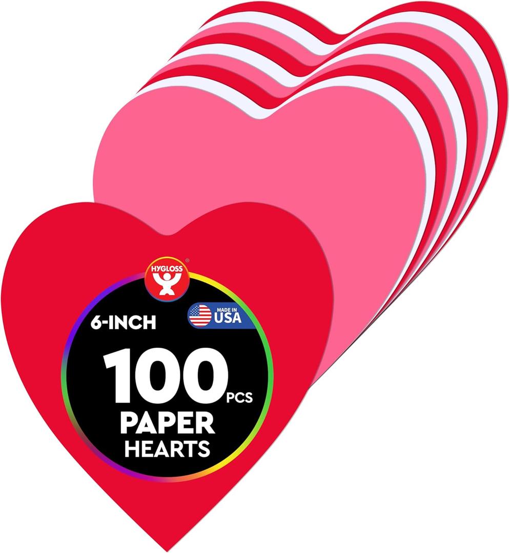 Hygloss Heart Shape Paper Cut-Outs for Arts & Crafts-Many Creative Uses-Valentines Day Activities-6 Inches-100 Pcs, Red, Pink & White